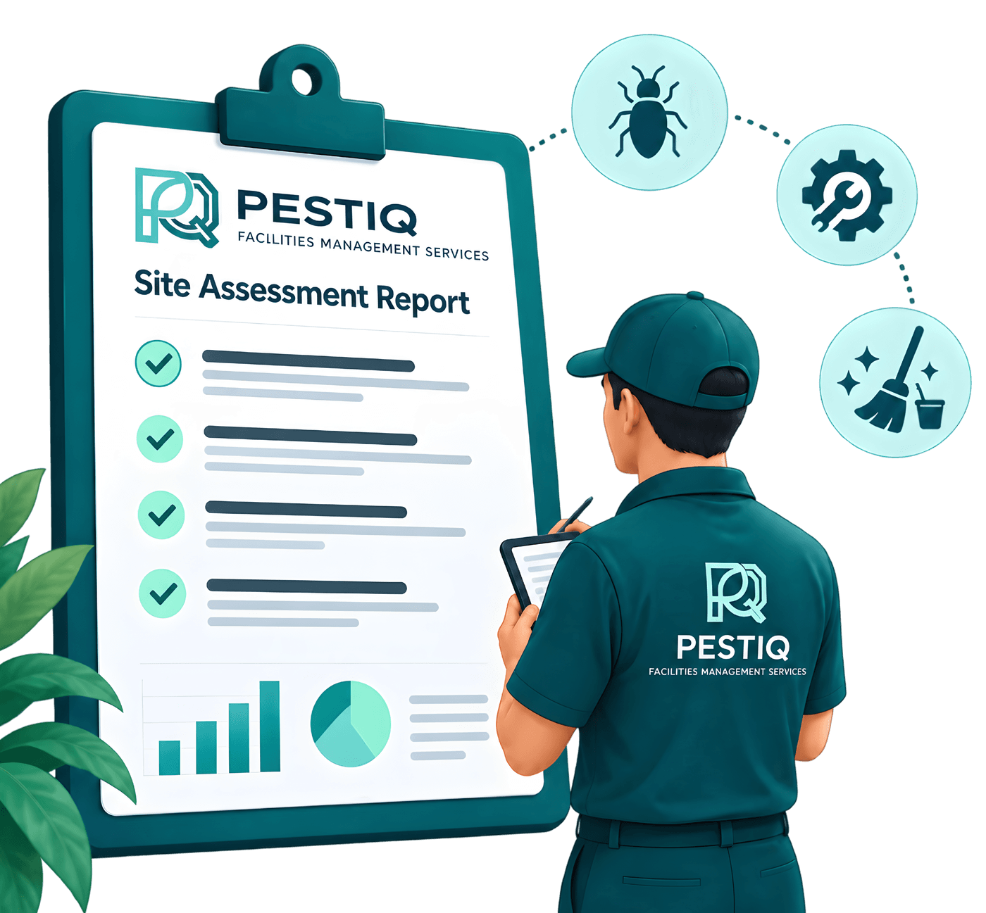 A Pestiq technician reviewing a site assessment report covering pest, MEP and cleaning checks