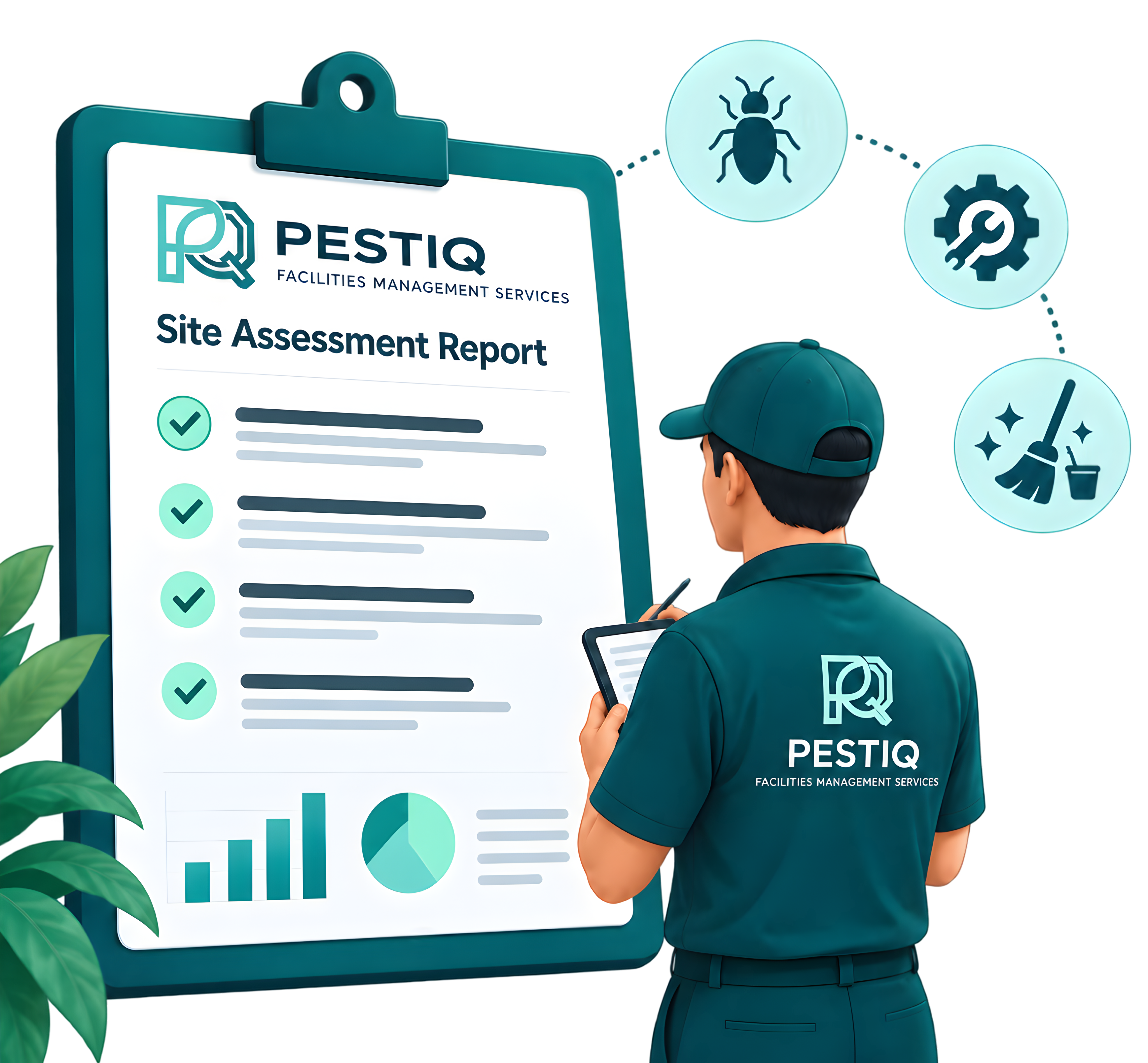 A Pestiq technician reviewing a site assessment report covering pest, MEP and cleaning checks